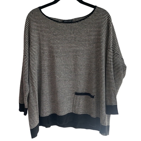 Eileen Fisher 100% Organic Linen Striped 3/4 Sleeve Top, Size S - Picture 1 of 6